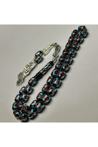 Turquoise Coral Carved Special Design Erzurum Oltu Tasbih, Model GGH - 3