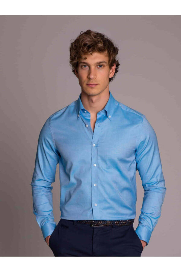 Turquoise Men's Slim Fit Plain Button Collar Long Sleeve Shirt - 36281 - 1