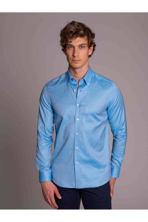 Turquoise Men's Slim Fit Plain Button Collar Long Sleeve Shirt - 36281 - 2