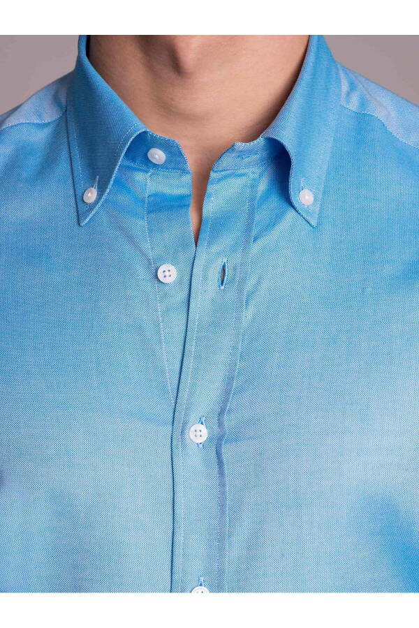 Turquoise Men's Slim Fit Plain Button Collar Long Sleeve Shirt - 36281 - 4