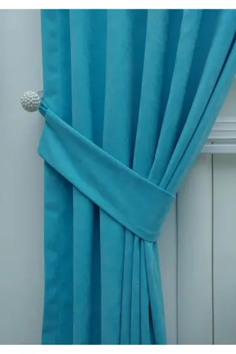 Turquoise Plain Color Background Curtain, Plain Sewing Without Pleats, Buckram Gathering, Single Panel-Turquoise - 6