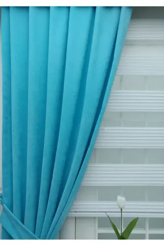 Turquoise Plain Color Background Curtain, Plain Sewing Without Pleats, Buckram Gathering, Single Panel-Turquoise - 7