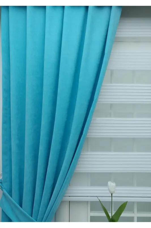 Turquoise Plain Color Background Curtain, Plain Sewing Without Pleats, Buckram Gathering, Single Panel-Turquoise - 7