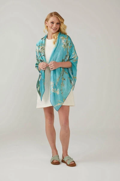 Turquoise Van Gogh Almond Blossoms 140x140 Square New Spring Summer Collection 100% Satin Silk Scarf - DERIDERIM