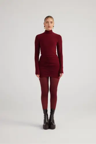 Turtleneck Ruched Mini Tami Dress Burgundy-Burgundy - 4