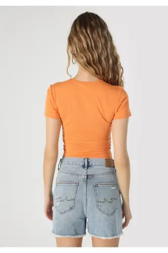 Slim Fit Yuvarlak Yaka Düz Kadın Turuncu Kısa Kol Tişört - TURUNCU - 2