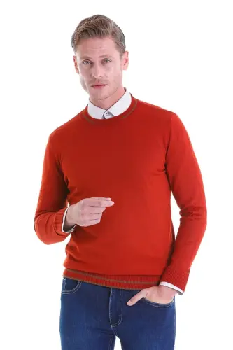 Turuncu Comfort Fit Desenli Bisiklet Yaka Yünlü Yün Kazak - Oranj 
