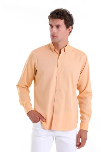 Turuncu Comfort Fit Düz 100% Pamuk Düğmeli Yaka Uzun Kollu Casual Oxford Gömlek - Turuncu - HATEMOĞLU (1)