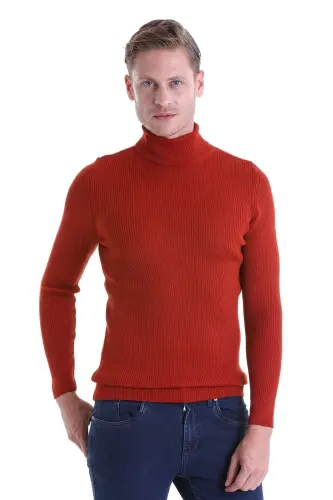 Turuncu Comfort Fit Fitilli Balıkçı Yaka Yünlü Yün Kazak - Oranj 