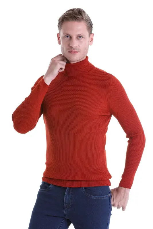 Turuncu Comfort Fit Fitilli Balıkçı Yaka Yünlü Yün Kazak - Oranj - 2