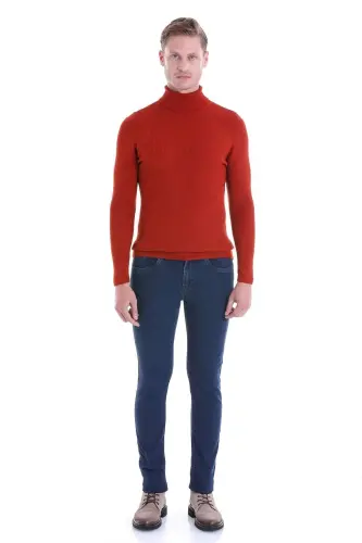 Turuncu Comfort Fit Fitilli Balıkçı Yaka Yünlü Yün Kazak - Oranj - 3
