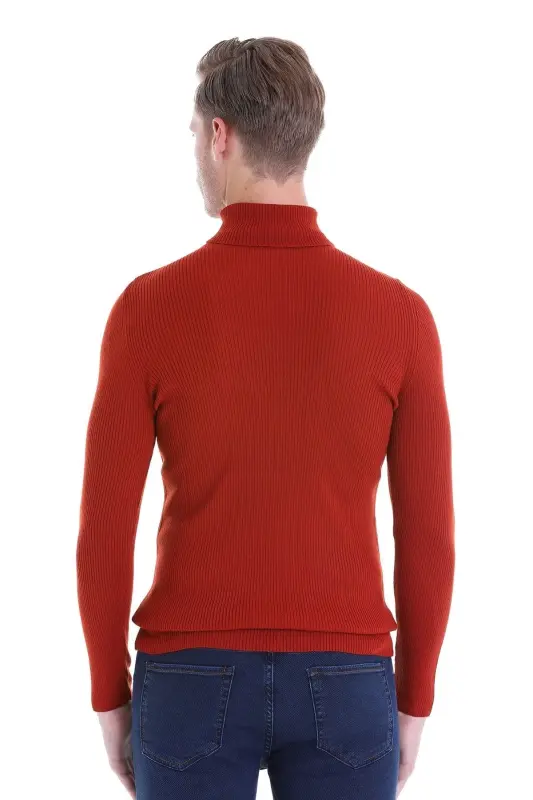 Turuncu Comfort Fit Fitilli Balıkçı Yaka Yünlü Yün Kazak - Oranj - 5