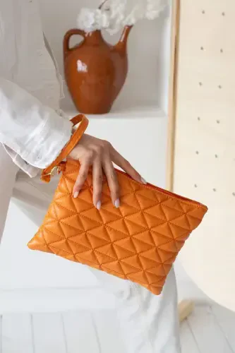 Turuncu Desenli Portföy Clutch Çanta 25x19 Cm-Turuncu - 1