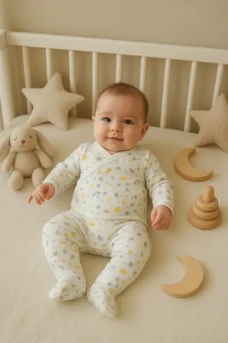 Turuncu Ördek Desenli Kruvaze Badili 2li Organik Bebek Zıbın Takım Hastane Çıkışı-Yakalıpembeçiçek 