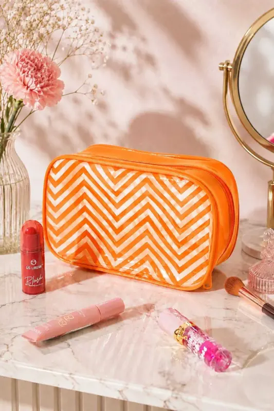 Turuncu Şeffaf Zigzag Desenli Makyaj Çantası – Kozmetik ve Kişisel Bakım Organizeri - Turuncu Zigzag - 5