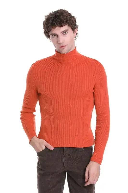 Turuncu Slim Fit Fitilli Balıkçı Yaka Yünlü Triko Kazak-Turuncu - HATEMOĞLU