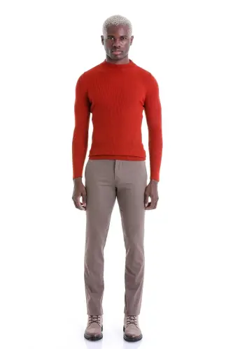 Turuncu Slim Fit Fitilli Yarım Balıkçı Yaka Yünlü Yün Kazak-Oranj - 4