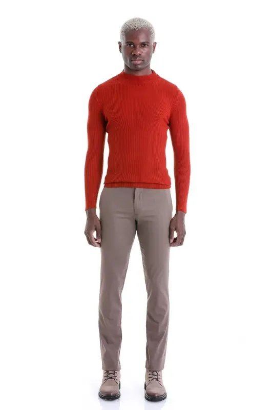 Turuncu Slim Fit Fitilli Yarım Balıkçı Yaka Yünlü Yün Kazak-Oranj - 4