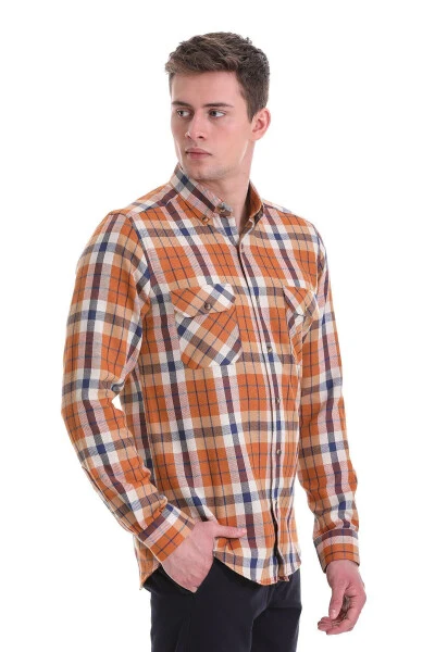 Turuncu Slim Fit Kareli 100% Pamuklu Düğmeli Yaka Uzun Kollu Casual Gömlek - 3