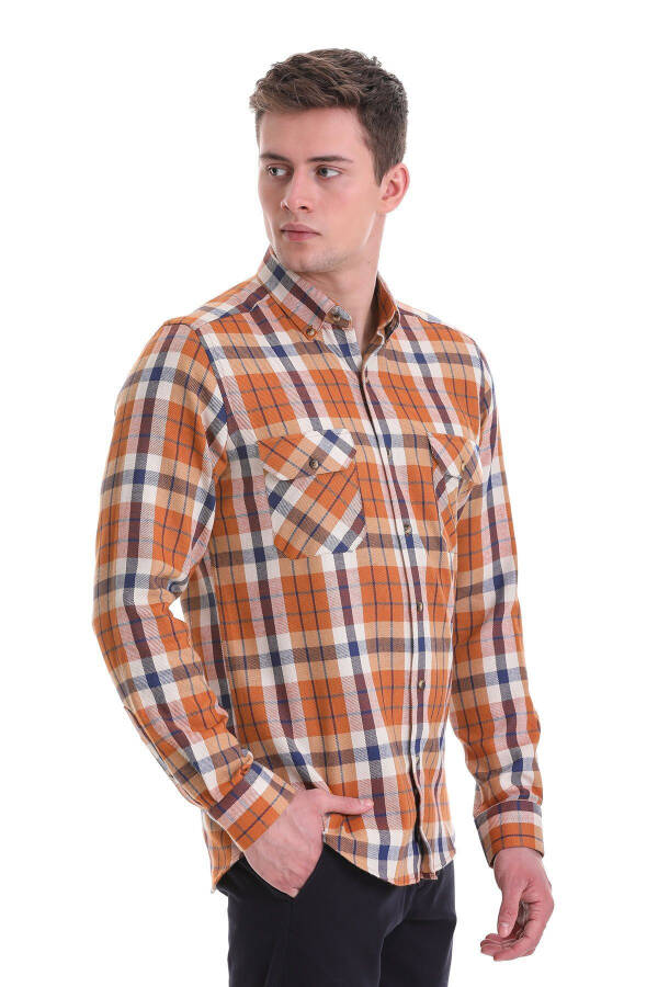 Turuncu Slim Fit Kareli 100% Pamuklu Düğmeli Yaka Uzun Kollu Casual Gömlek - 3