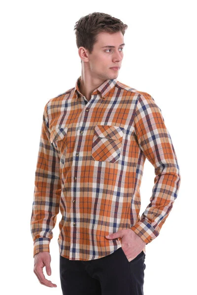 Turuncu Slim Fit Kareli 100% Pamuklu Düğmeli Yaka Uzun Kollu Casual Gömlek - 4