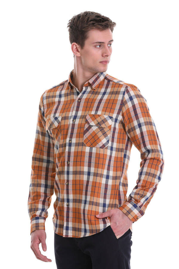 Turuncu Slim Fit Kareli 100% Pamuklu Düğmeli Yaka Uzun Kollu Casual Gömlek - 4