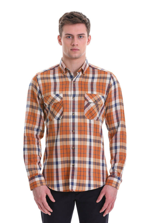 Turuncu Slim Fit Katakli 100% Paxta Tugmali Yoqa - 1