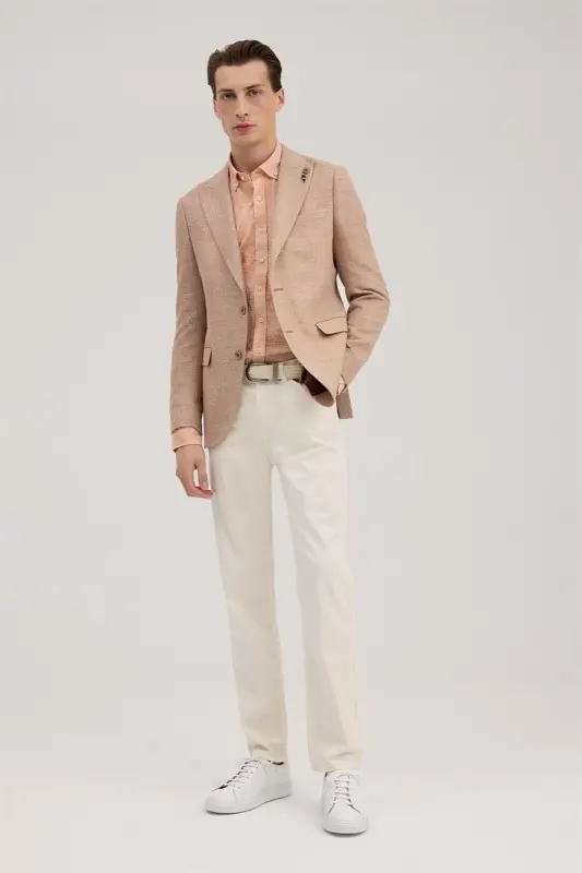 Turuncu Slim Fit Sivri Yaka Desenli Ceket - 2