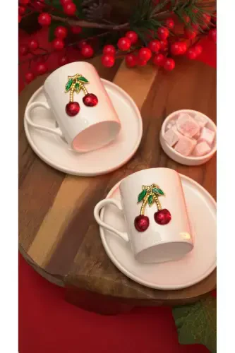 Tushdagi Gilosli 4 Qismli 2 Kishilik Chinni Qahva Stakan To'plami - 3