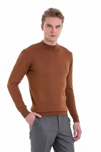 Tütün Comfort Fit Düz Yarım Balıkçı Yaka Yünlü Yün Kazak-Tütün - 1