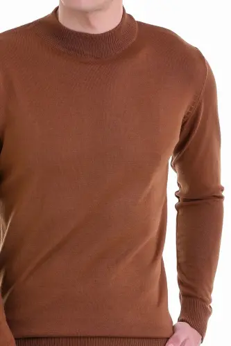 Tütün Comfort Fit Düz Yarım Balıkçı Yaka Yünlü Yün Kazak-Tütün - 5