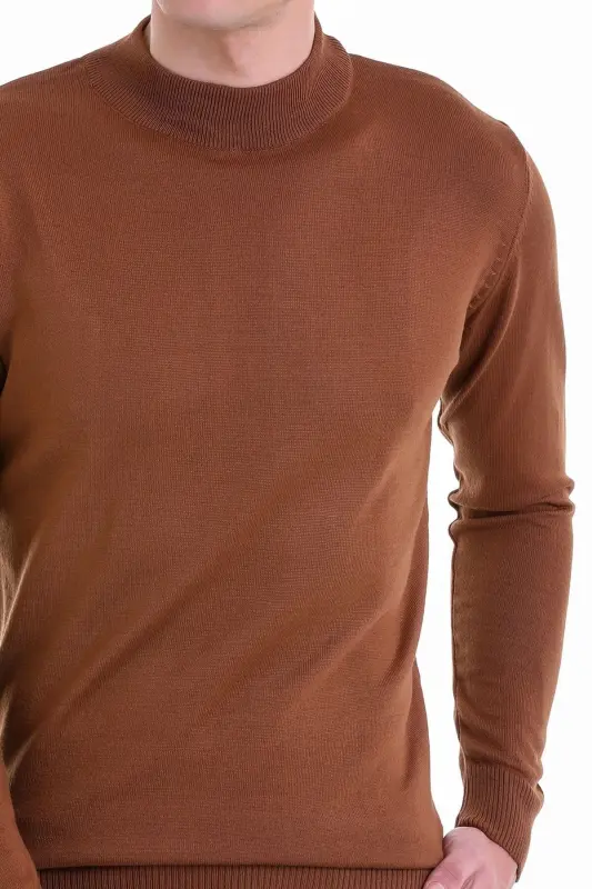 Tütün Comfort Fit Düz Yarım Balıkçı Yaka Yünlü Yün Kazak-Tütün - 5