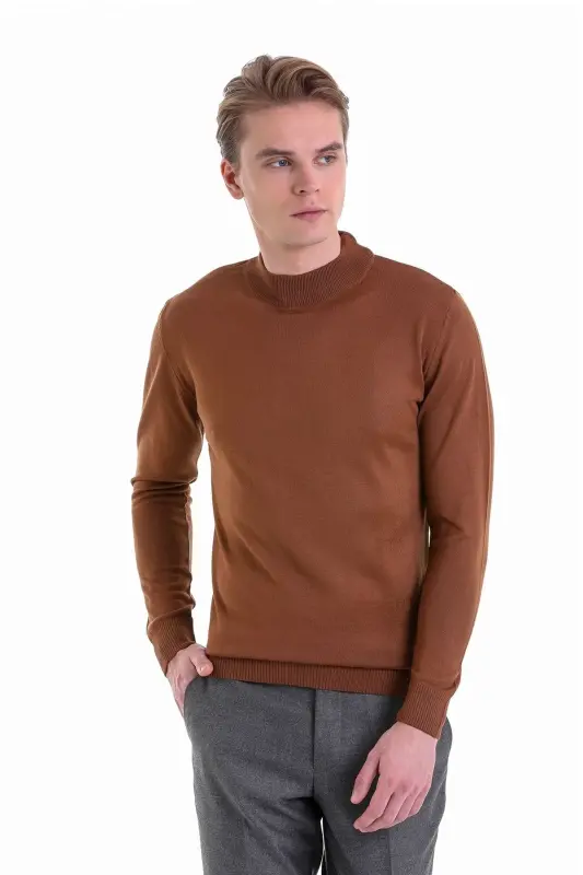 Tütün Comfort Fit Düz Yarım Balıkçı Yaka Yünlü Yün Kazak-Tütün - 2