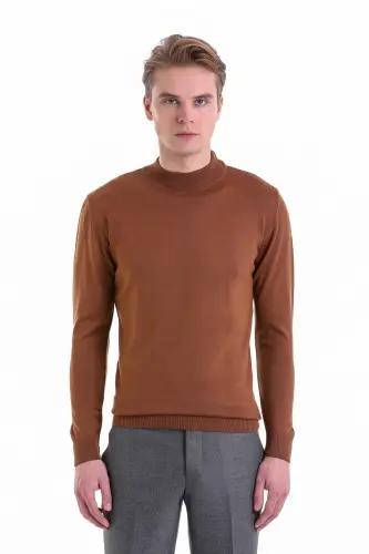 Tütün Comfort Fit Düz Yarım Balıkçı Yaka Yünlü Yün Kazak-Tütün - 3