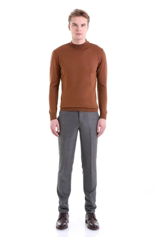 Tütün Comfort Fit Düz Yarım Balıkçı Yaka Yünlü Yün Kazak-Tütün - 4