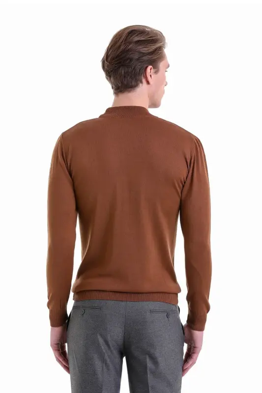 Tütün Comfort Fit Düz Yarım Balıkçı Yaka Yünlü Yün Kazak-Tütün - 6