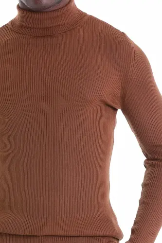 Tütün Comfort Fit Fitilli Balıkçı Yaka Yünlü Yün Kazak - Tütün - 5