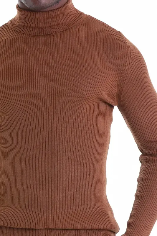 Tütün Comfort Fit Fitilli Balıkçı Yaka Yünlü Yün Kazak - Tütün - 5
