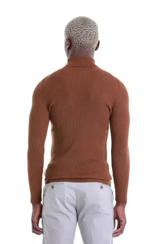 Tütün Comfort Fit Fitilli Balıkçı Yaka Yünlü Yün Kazak - Tütün - 6