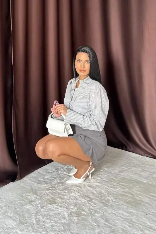 Tutun rangli tugmacha detallari plili yubka - 2