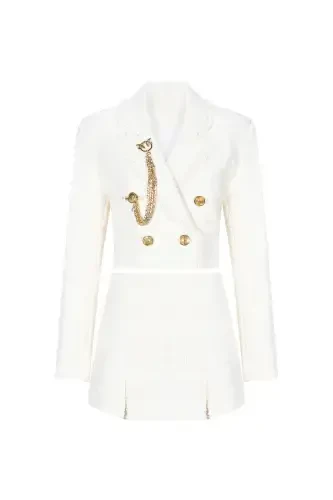 Tüvit Crop Pidjak va Yubka-Shorti Kostyumi - oqish - 1