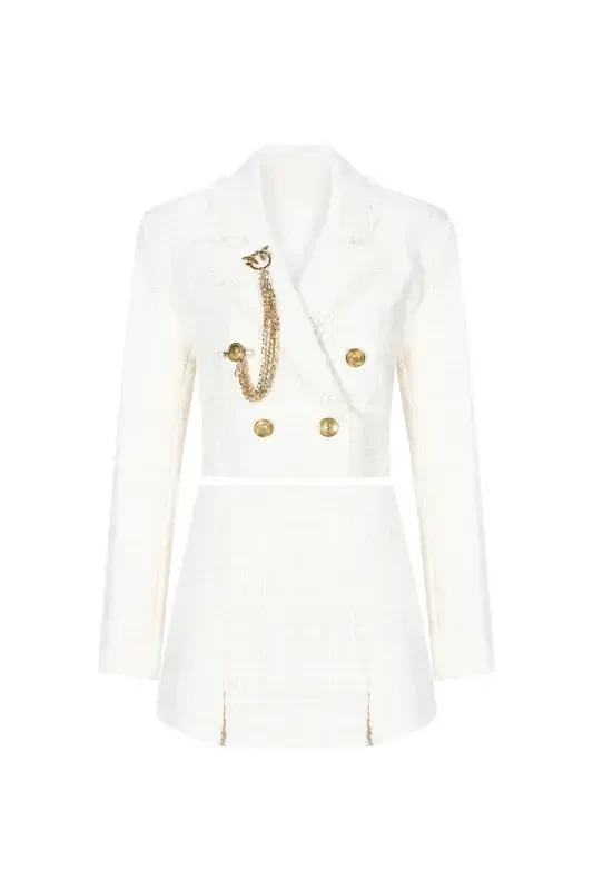 Tüvit Crop Pidjak va Yubka-Shorti Kostyumi - oqish - 1