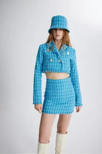 Tüvit Kumaş Crop Tweed Ceket Mavi-Mavi - 3