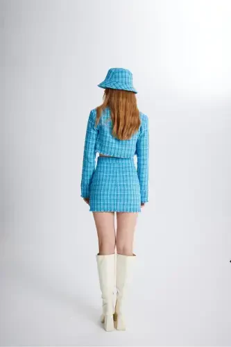 Tüvit Kumaş Crop Tweed Ceket Mavi-Mavi - 4