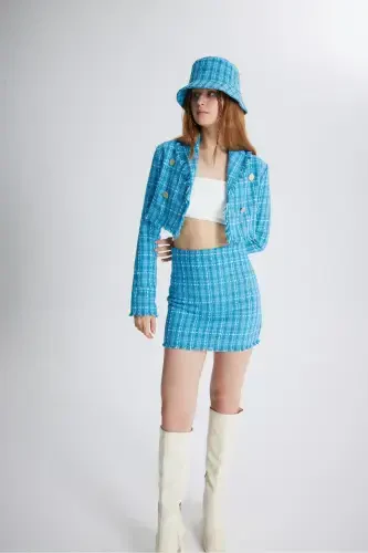 Tüvit Kumaş Crop Tweed Ceket Mavi-Mavi - 6