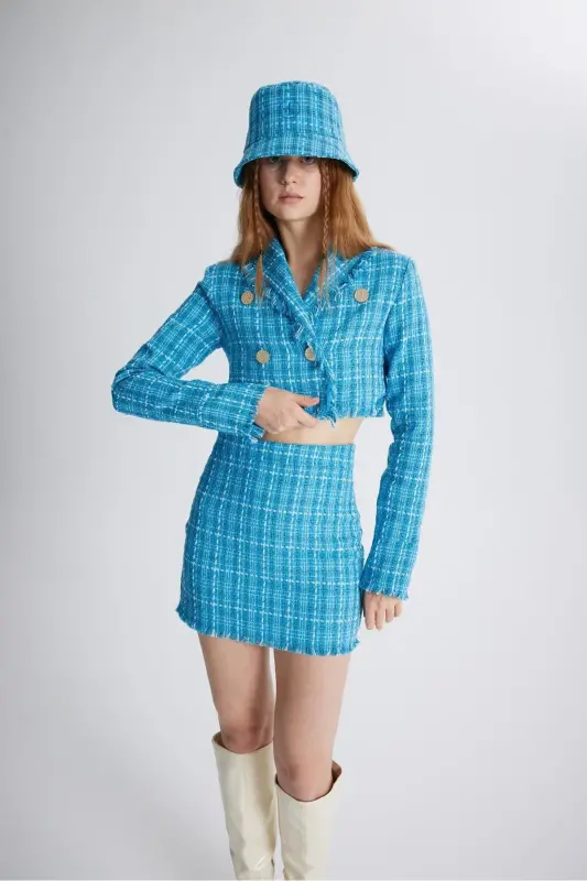 Tüvit Kumaş Mini Tweed Etek Mavi - Mavi - 1