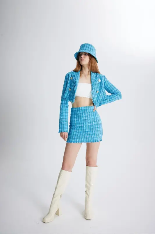 Tüvit Kumaş Mini Tweed Etek Mavi - Mavi - 2