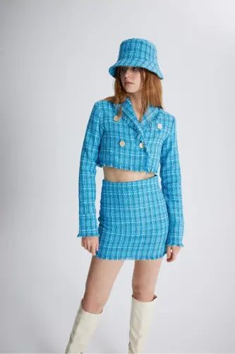 Tüvit Kumaş Mini Tweed Etek Mavi - Mavi - 3