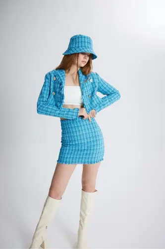 Tüvit Kumaş Mini Tweed Etek Mavi - Mavi - 7