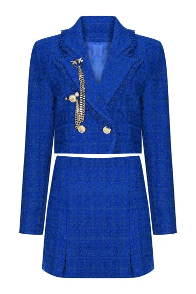 Tüvit Saks Mavisi Crop Ceket ve Şort Etek Takım-lacivert - 3